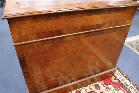 A Georgian style banded yew pedestal desk inset red/brown skiver W.152cm